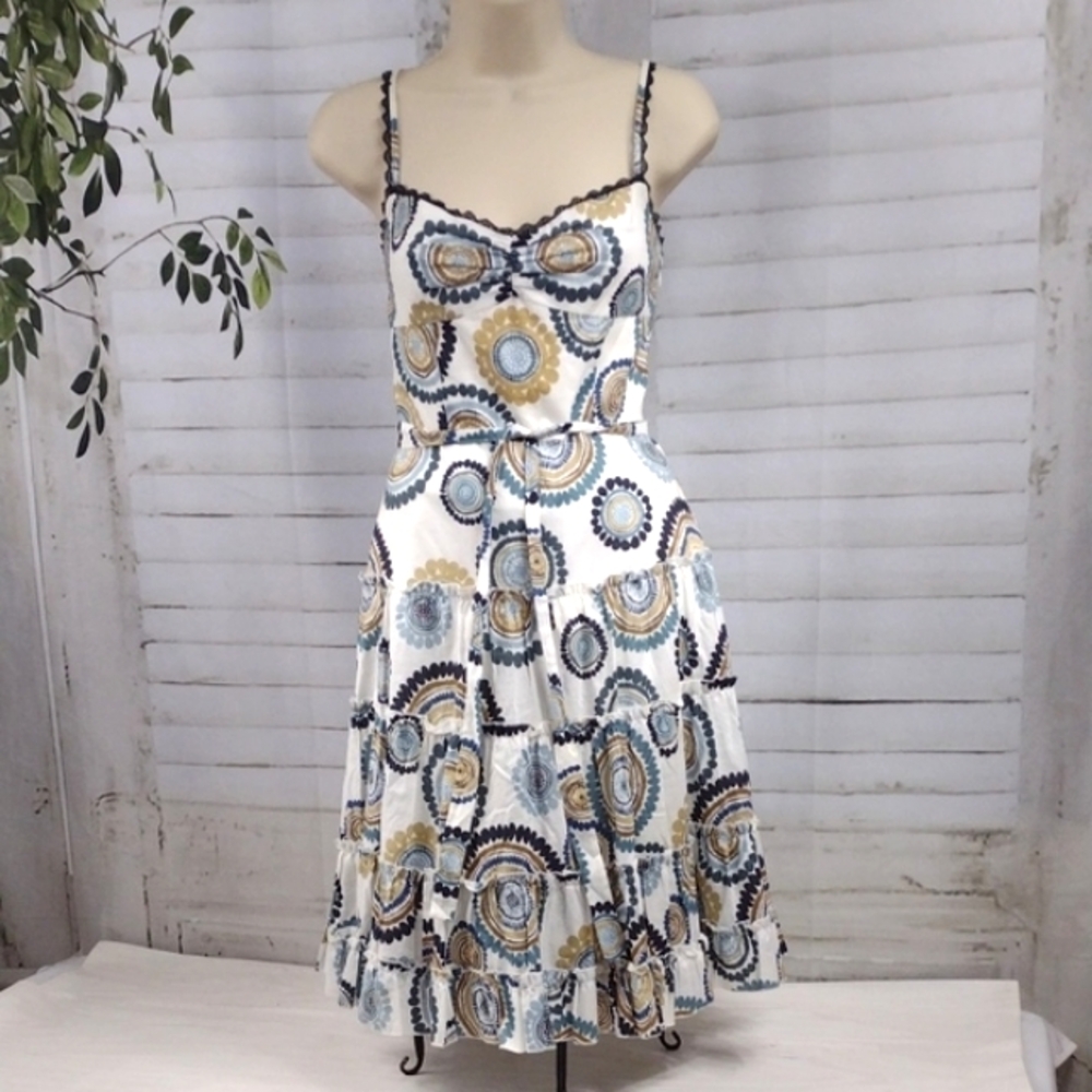 BCBGMaxAzria White and Blue Patterned Midi Dress Size 2